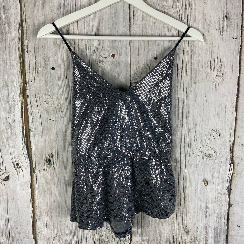 Express Y2K Silver Sequin Peplum Tank Small NWT 296